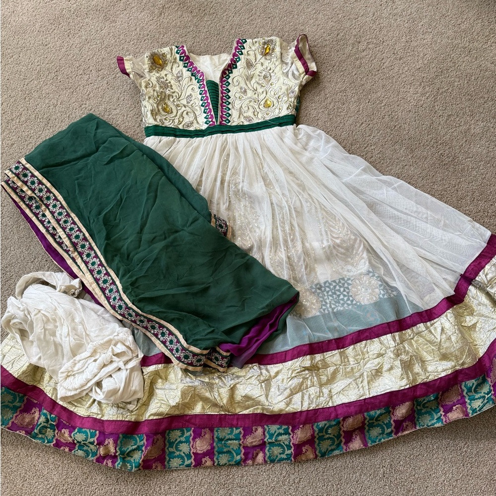 Elegant White and Green Kids Lengha